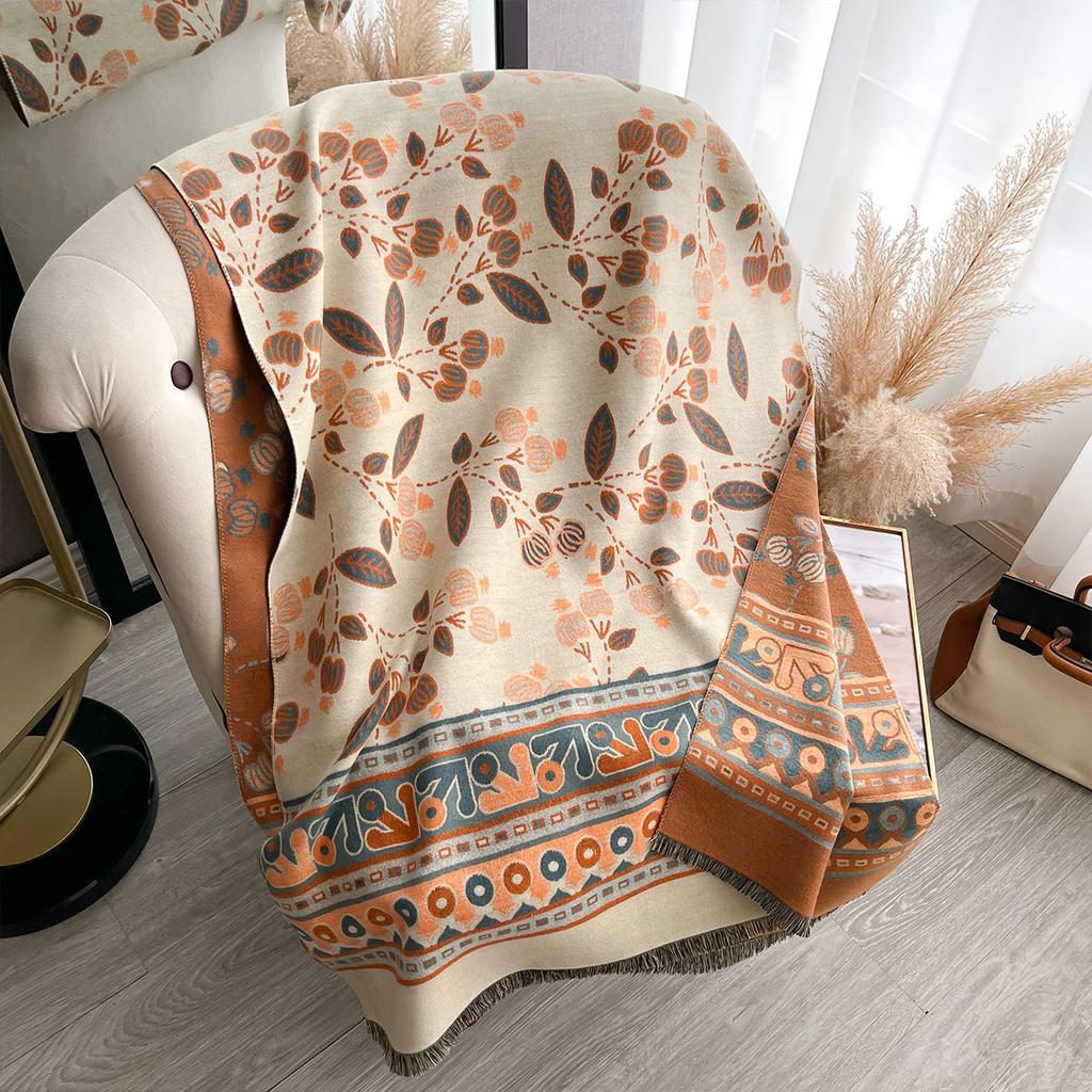 Autumn And Winter Leaf Printing Thickened Warm Women'S Shawl Imitation Cashmere Skin-Friendly Short Fringed Scarf