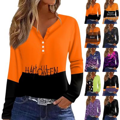 Women's T Shirt Tee Halloween Print Button Long Sleeve Daily Weekend Fashion Basic V- Neck Regular Top