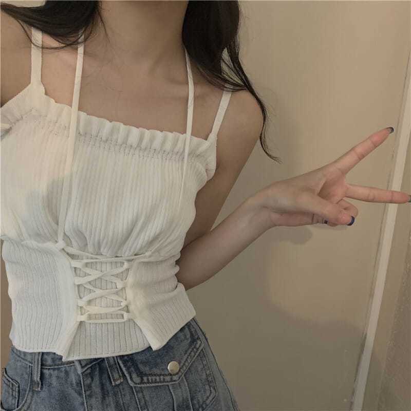 Short Style Crop Top with Exposed Navel and Black Fungus Edge Slim Fit Camisole Women's New Style Drawstring Tied Knit Vest Summer