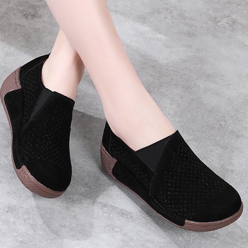 Hollowed-out Breathable Women Platform Shoes Genuine Leather Loafers Wedge Heels Elegant Ladies Walking Shoes