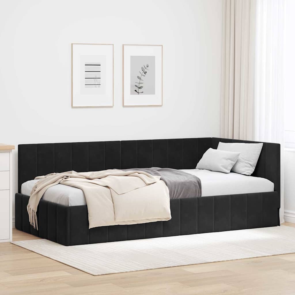L shaped bed frame with headboard black 100 cm x 200 cm velvet
