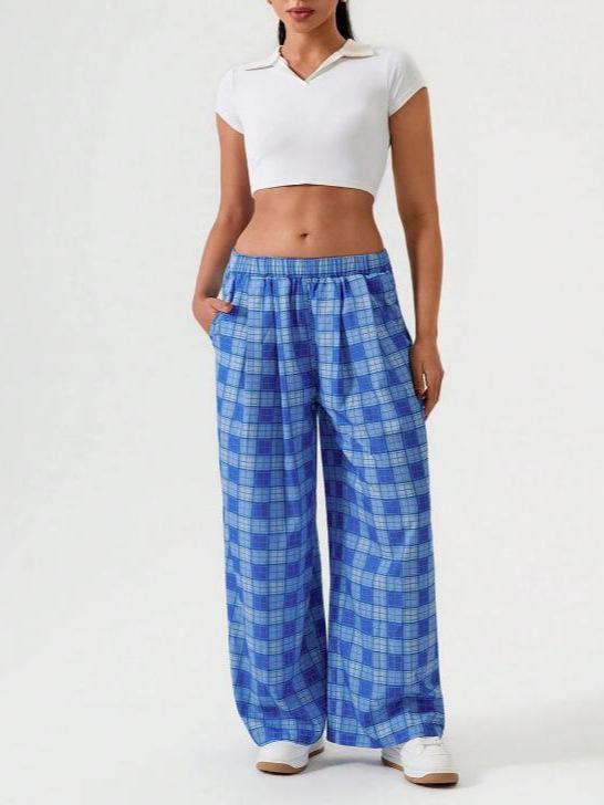 2026 European and American women s foreign trade cross-border Amazon printed plaid cotton-linen casual loose women s long pants S синий