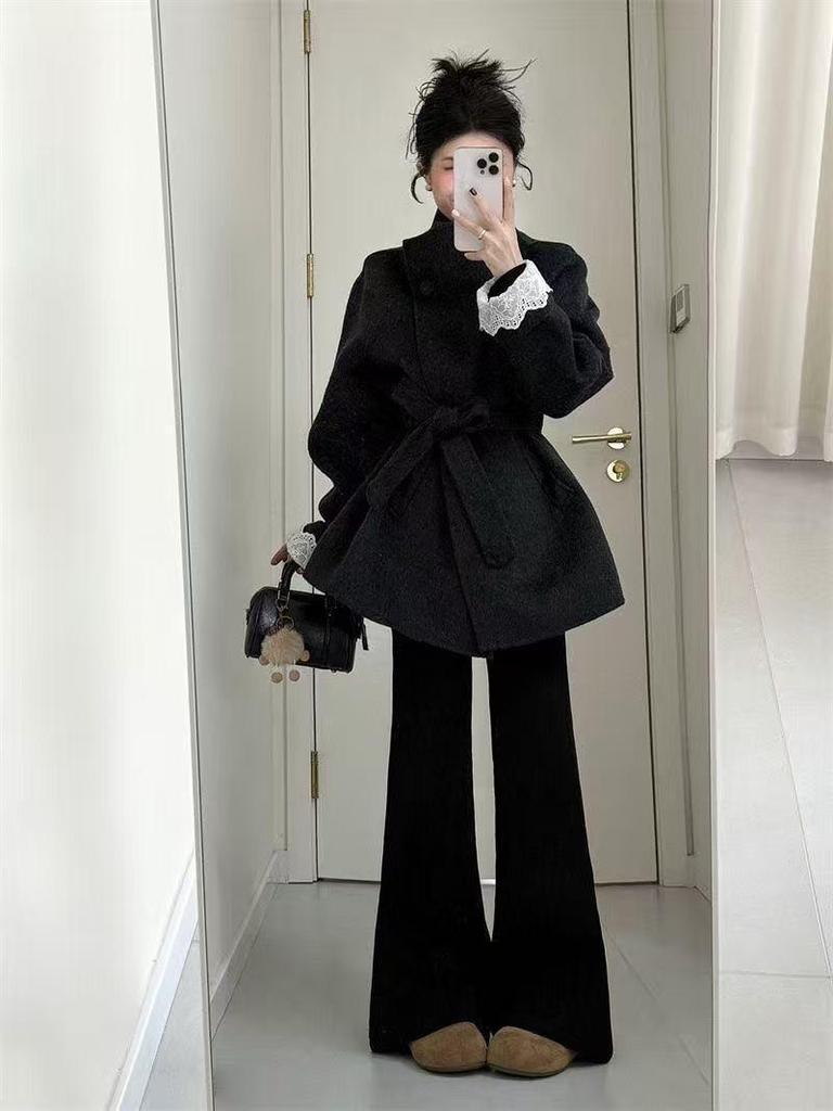 Winter 2025 Petite Deep Grey Wool Coat - Women's Thickened, Stylish Outerwear