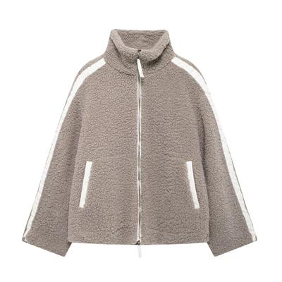 European and American Style Women's Versatile Loose Stand-up Collar Teddy Velvet Double-ended Zipper Cardigan Jacket