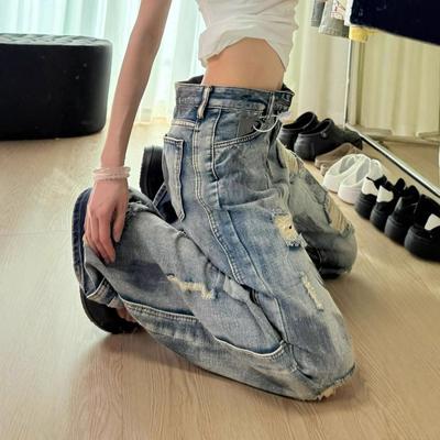 Big Yardage Design Sense Broken Jeans Women Autumn Loose Wide-Legged Pants Casual Skinny Dragline Pants Retro Street Style Baggy Long Jeans for Ladies