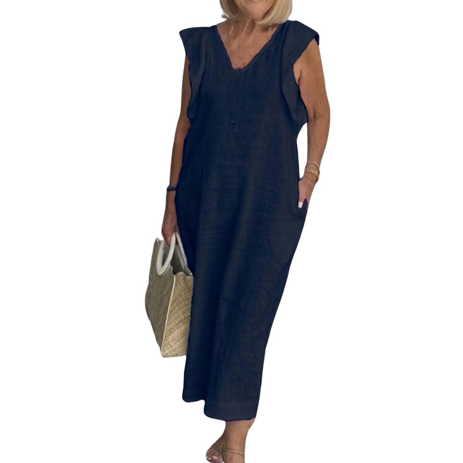 

Женское летнее льняное платье свободного кроя, многоярусное, миди, без рукавов, майка, сарафан XL тёмно-синий