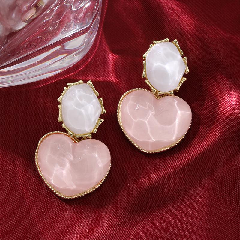 Autumn and Winter Blue Color-Block Water Ripple Heart Vintage Geometric Peach Heart Unique Light Luxury Design Earrings