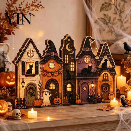 Rustikální podzimní středové dekorace stolu Halloween Retro strašidelná vesnice Dřevěná dekorace na stolní desku, Podzimní statek Čarodějnice Americký venkovský styl Figurky