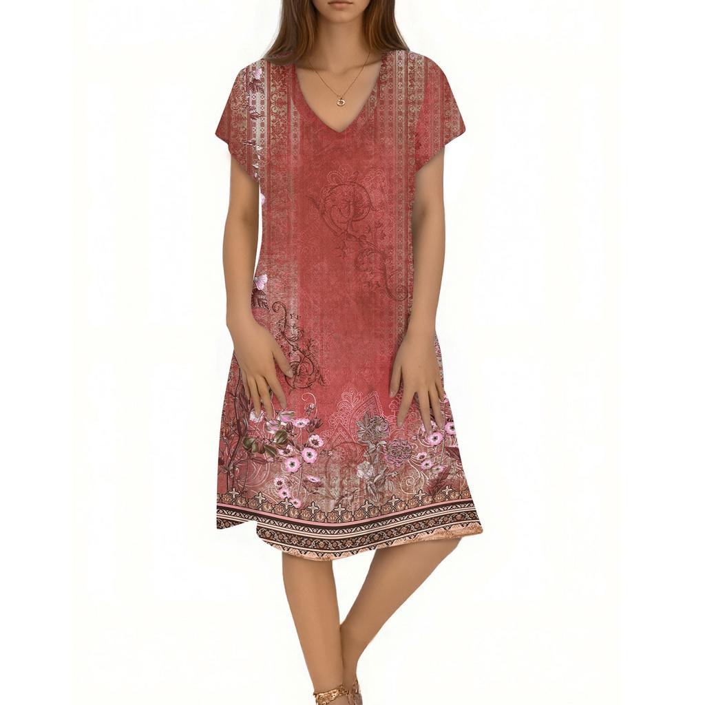 Women's Casual Fashion V-Neck Short Sleeve Floral Print Midi Flowing Dress