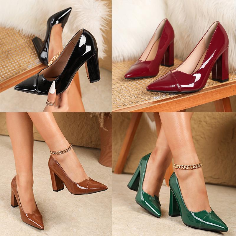 Foreign Trade High Heels: Shallow Mouth Pointed Toe Patent Leather Chunky Heel for Women, EU/US Sizes 42-43