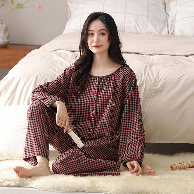 Woven cotton gauze pajamas women's spring and autumn pure cotton long-sleeved women's spring and summer cotton thickened loungewear set