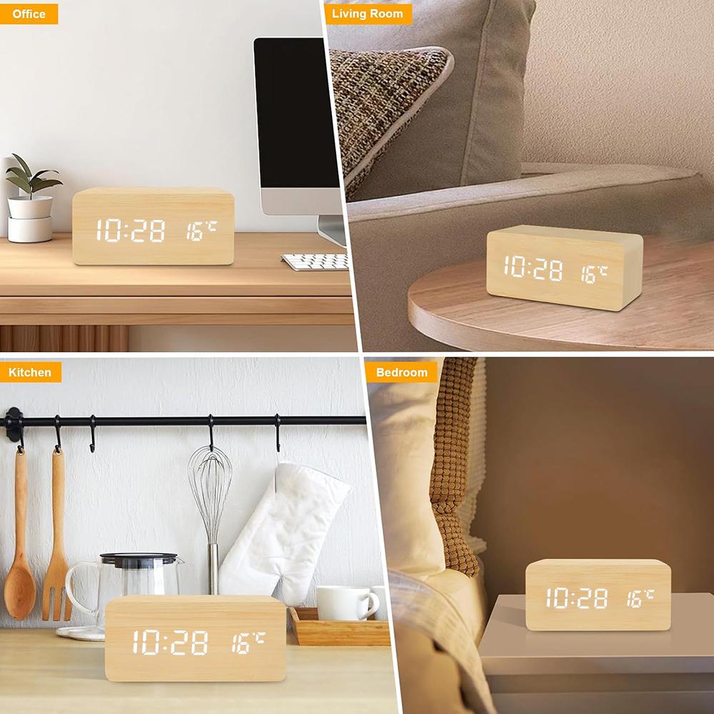 Wooden Digital Alarm Clock with Wireless Charging Temperature Display LED Desk Clock for Office Bedroom Bedside Décor Gift