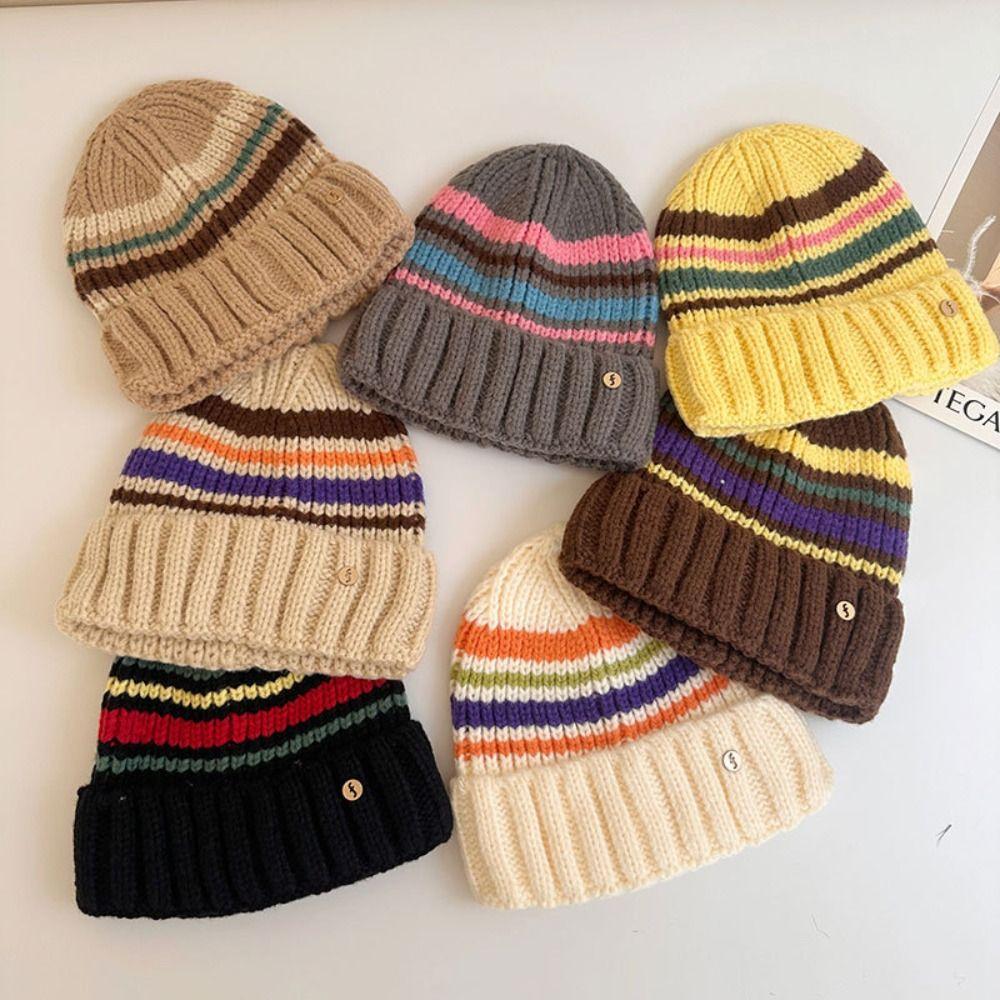 Trendy Casual Wool Hat Vintage Winter Pullover Hat Fashion Striped Knitted Hat  Outdoor