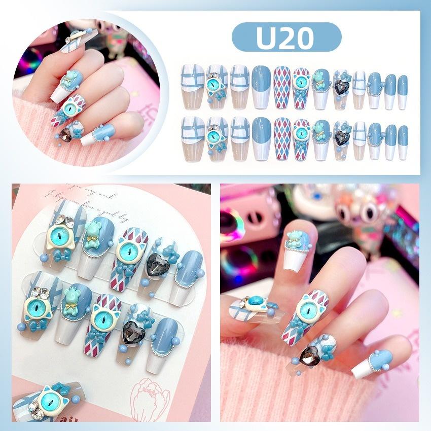 White Blue Color 3D Rabbit Star Rhinestone Designs-Full Cover Acrylic False Nails for Women and Girls Detachable Long Fake Nails