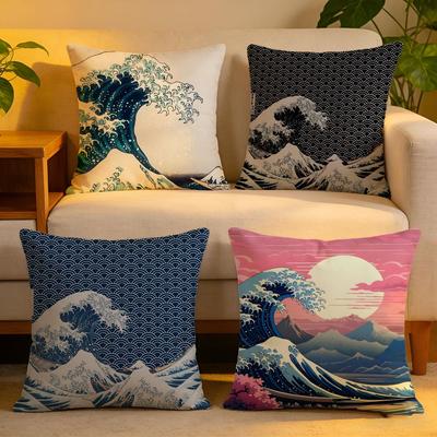 Kissenbezug Leinen Hautfreundlich Weich Dekorative Hülle für Sofa Heimdeko Japanische Wellen Anime Kissenbezug