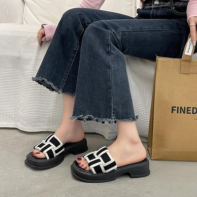 Muffin Thick Bottom Non-slip Cool Slippers Women's 2025 New Summer French Color Matching Woven One-word Drag Ins