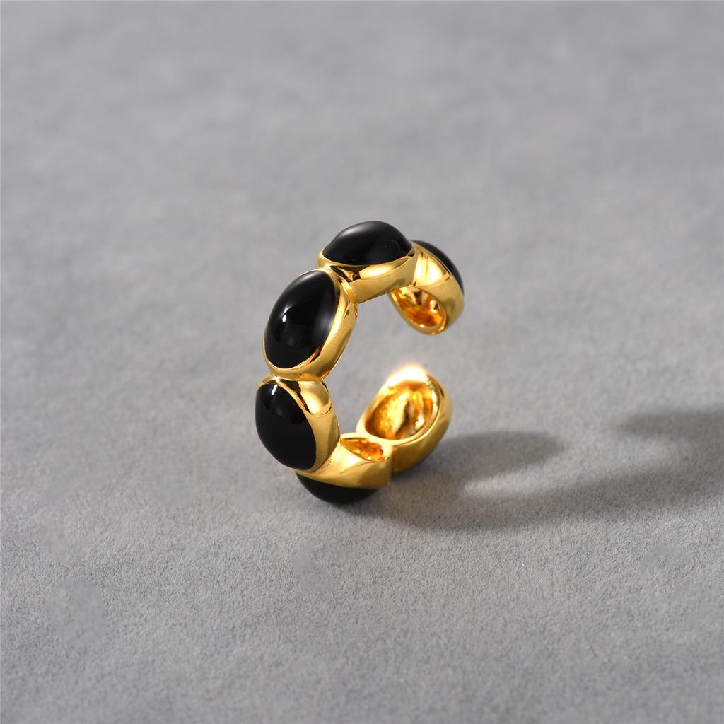 Niche Design Brass Plated 18K Real Gold Inlaid Black Agate Dual-Purpose Earclip Ring, Unique Fashion Ring