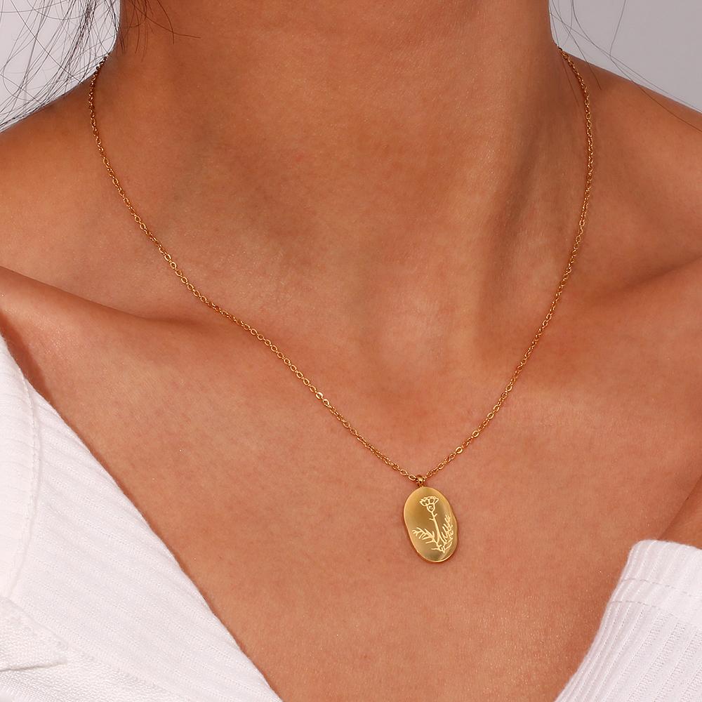 E.B.belle Tarnish Free Irregular Personality 12 Months Flower Pendant Necklace Stainless Steel Gold Plated Birthstone Necklace