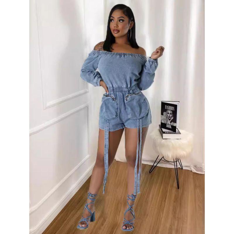 Western Style Personality Multi-pockets Denim Sexy Wash Short Elastic Wrap-around Elastic Waist 9822 One-Piece Clothes and Trousers