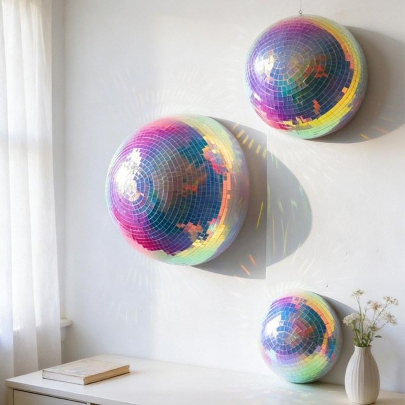 Set of 3 Disco Ball Half Sphere Wall Decoration Mirror Tile Party Backdrop Accent with Adhesive Pad for Room Styling