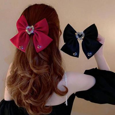 New Fabric Bow Hair Clips Crystal Heart-shaped Spring Clip Hairpins for Women Barrettes Korean Headpiece Girls Hair Accessories