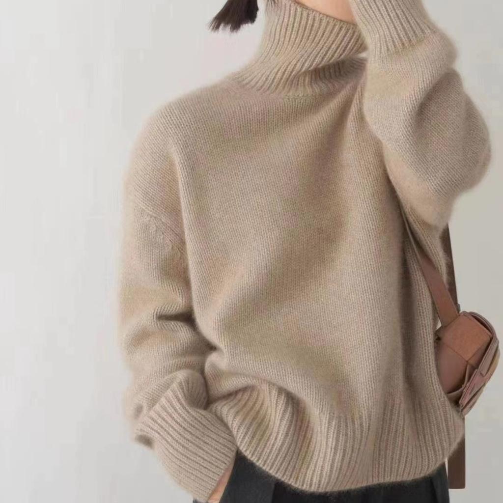 Women's Autumn Winter Lazy Style Thick Cashmere Sweater Women Turtleneck Pullover Tops Solid Warm Lazy Loose Knitted Casual Base Jumper