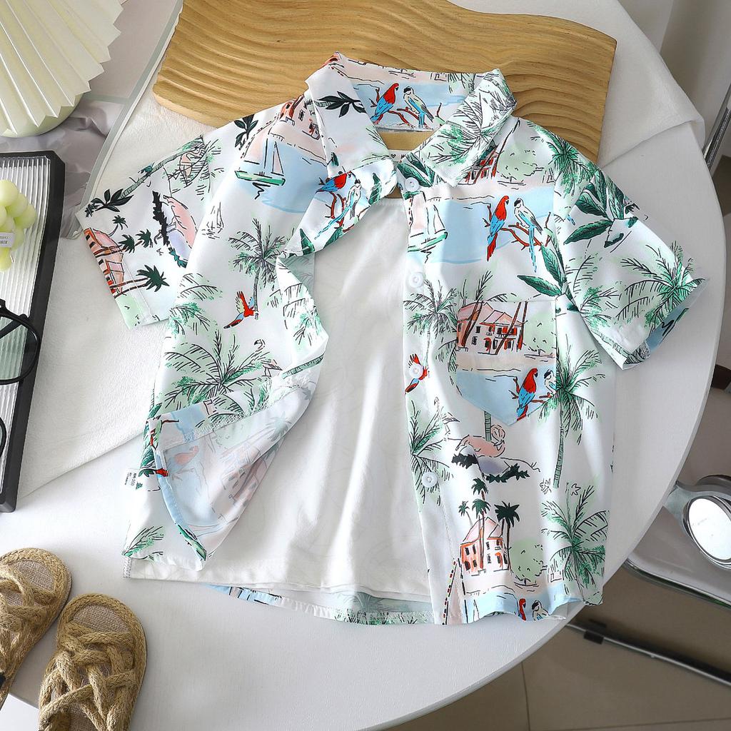 Boys' Beach Vacation Style Shirt - Summer Children's Stylish Loose Short-Sleeved Shirt