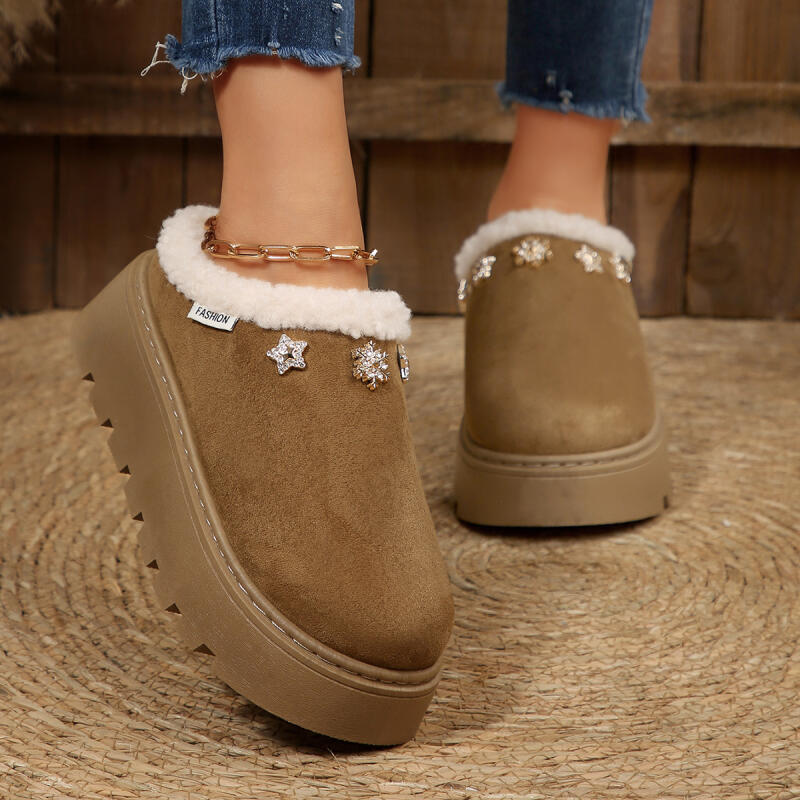 Fashion Chunky Platform Wedge Heel Furry Casual Shoes Women 2025 Winter Warm Plush Mules Slippers Soft Thick Bottom Fur Outdoor Slippers