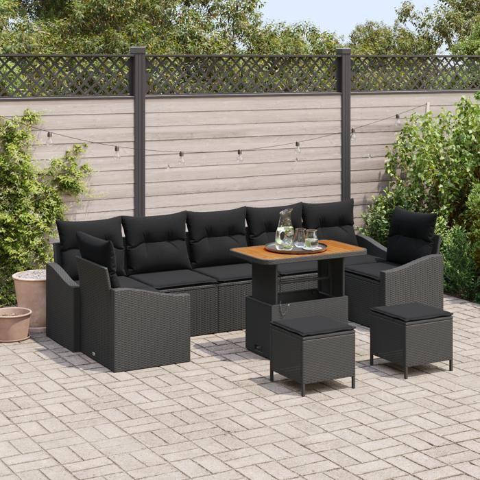 Canapé de jardin 10 pièces avec coussins en poly rattan noir, Canapé de jardin 2 places avec rangement, Ensemble de repas 3364589