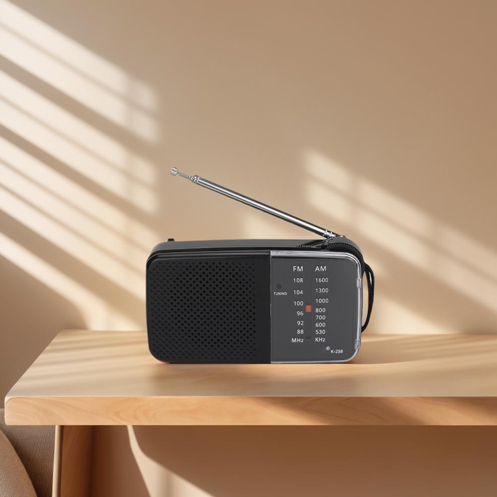 K-258 AM FM Portable Radio Receiver Built-in Speaker & 3.5mm Headphones Jack With Lanyard Handheld Pocket Radio