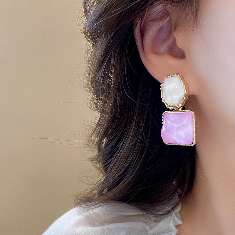 Sparkling Resin Irregular Square Stud Earrings Korean Personality Earrings Sweet Small Fresh Earrings