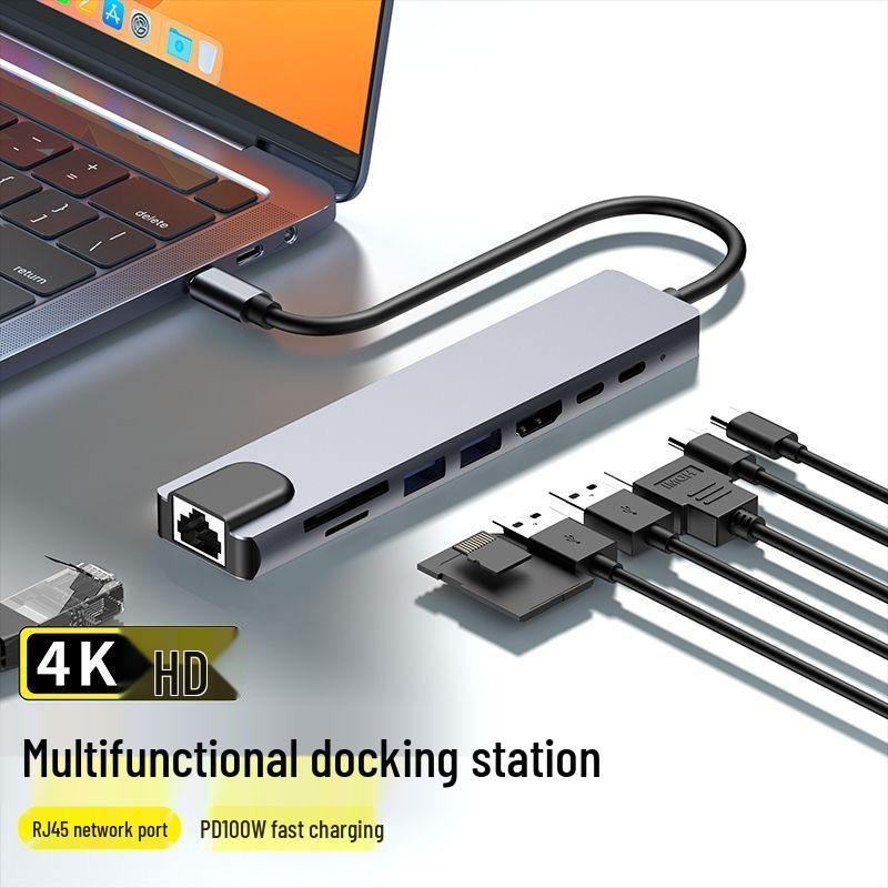 8-in-1 Docking Station: Compatible with Apple Laptops, USB Hub, Network Port, Card Reader, and Type-C Expansion.