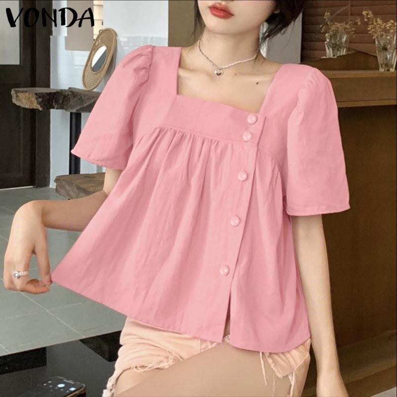 VONDA Women Girls Summer Square Collar Short Sleeve Buttons Casual Ruffled Blouse