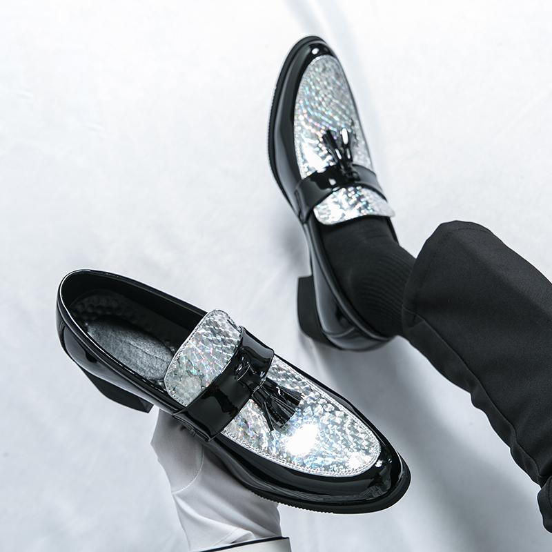 Fashion 2025 Men's Dress Shoes Slip-on Elevator Platform Heels Snake Skin Texture Tassel Buckle Black Silver Business Formal 38-46