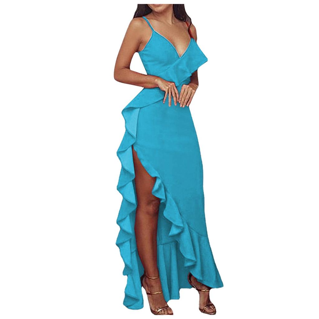 Women's Summer Ruffle Sexy High Split Dress Dress Color Sleeveless V-Neck Dress