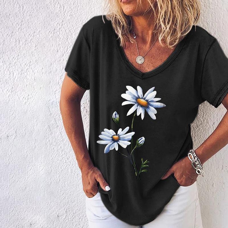 Damen T-Shirt mit Print, Künstlerisches Kurzarm-V-Ausschnitt Sommeroberteil, Stilvoll und Trendig