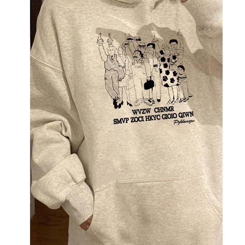 2025 New Guochao Printed Hooded Sweater Women's Autumn and Winter Heavy Couple Men's Fleece Thickened Jacket