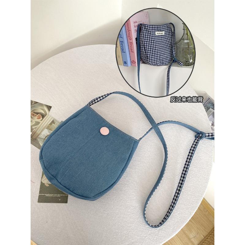 Cute egg bag simple mobile phone bag female versatile denim messenger bag plaid double-sided back messenger bag