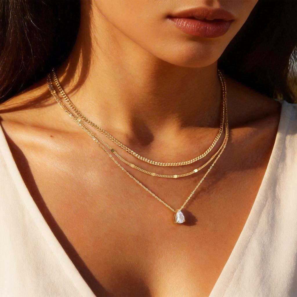 3pcs Set Simple Fashion 18K Gold Plated Stainless Steel Water Drop Heart Zircon Pendant Necklace for Women, Classic Jewelry Set