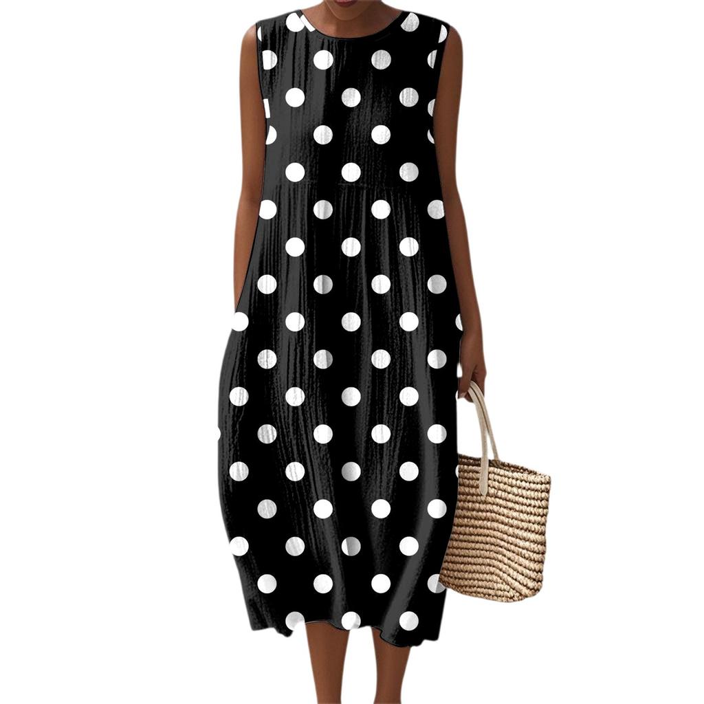 Women's Fashion Casual Sleeveless Round Neck Polka Dot Striped Elegant Temperament Dress