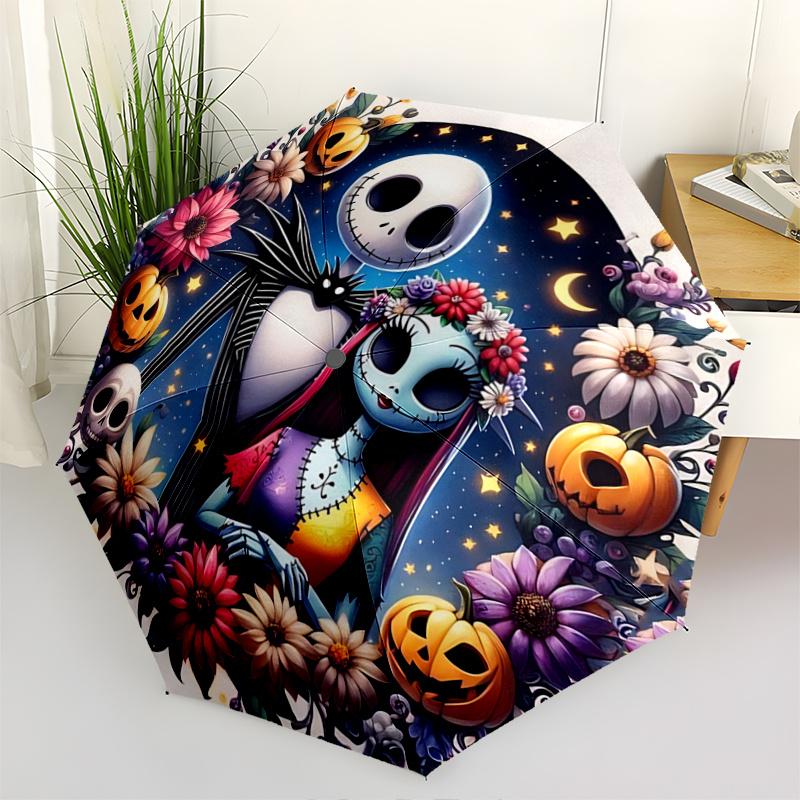1pc Sally & Jack Skellington Halloween Automatic Folding Umbrella - 3 Folding Design, Vivid Cartoon Pattern, Suitable for Outdoor Activities