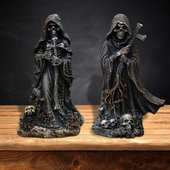 Grim Reaper Statue Halloween Black Horror Robe Sculpture Gothic Resin Santa Muerte Figurine for Halloween Indoor Bookshelf Desk Decor