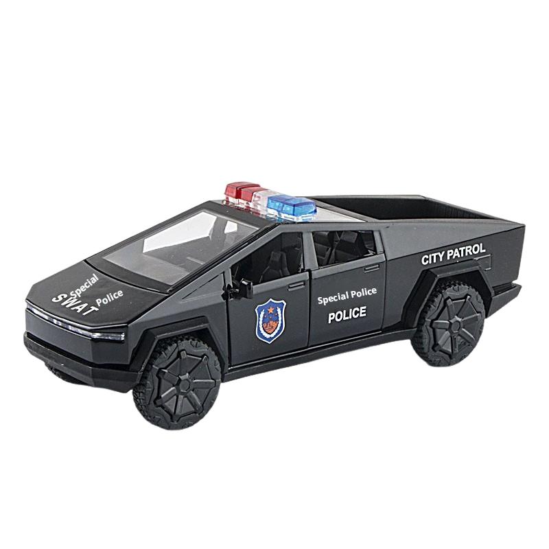 1:32 Tesla Pickup Police Car High Simulation Diecast Metal Alloy Model Car Sound Light Pull Back Collection Kids Toy Gifts