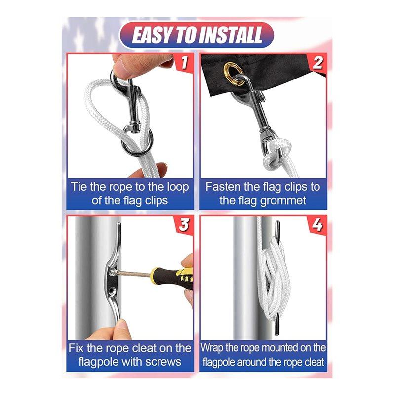 Fresh Flag Rope And Clips Kit - 50Ft Flag Pole Rope Halyard With Cleat Hook & 4 Pcs Swivel Snap Clips For Flagpoles Up To 25Ft