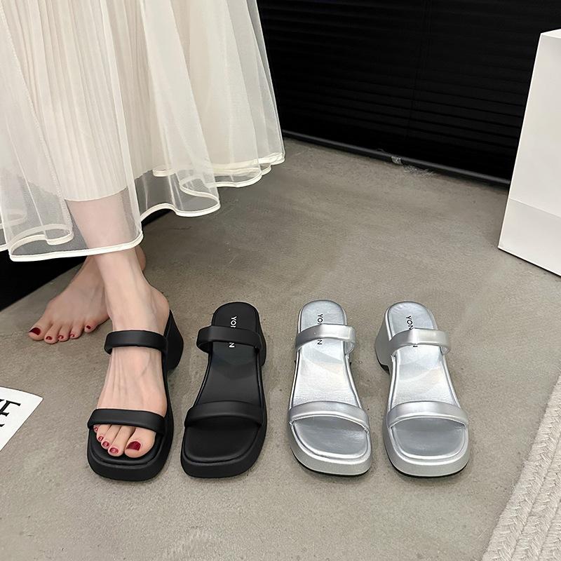 Summer wear fashionable and simple word with wedge heel high heel sandals thick sole small man height i silver slippers women's trend