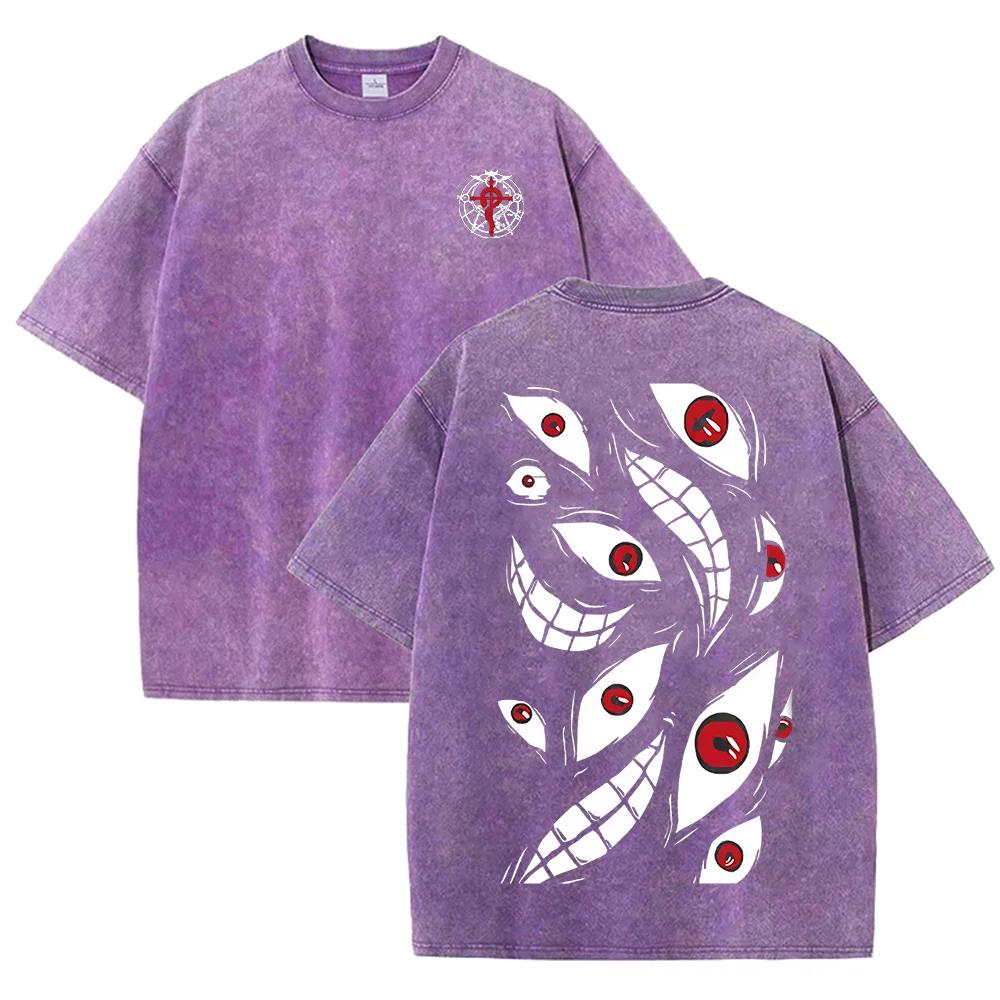 2026 Vintage Washed Black Dark Horror Eye Graphic T Shirt Distorted Grin Monster Print Oversized Men Casual Short Sleeve Tee