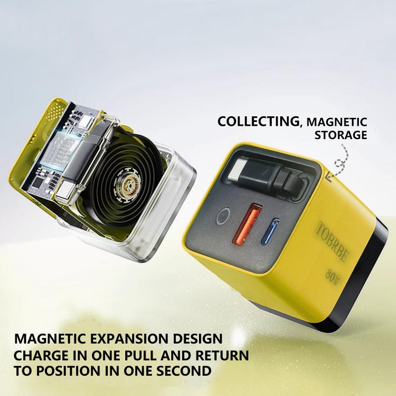 Nabíječka 3 v 1 GaN Zatahovací 80W MAX Blok rychlonabíječky s kabelem Type-C 2 USB porty Přenosný adaptér Nabíječka mobilního telefonu Nová