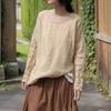 Women Vintage Beige T-Shirts O-Neck Long Sleeve Spring Loose Casual Jacquard T-Shirts