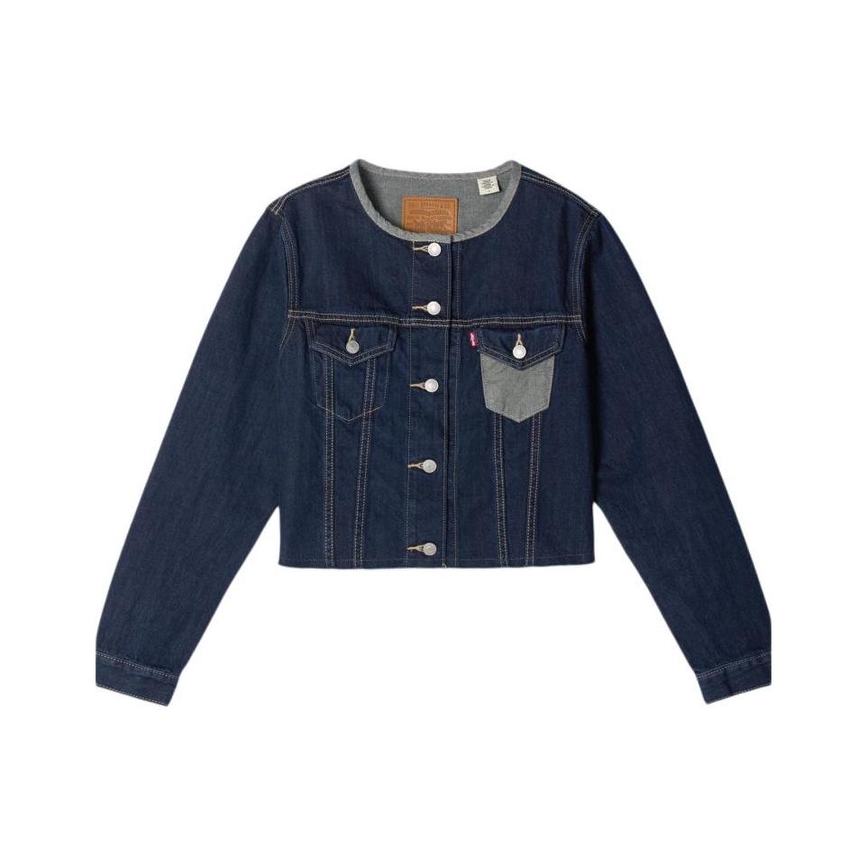 Levis Comfortable Minimalist Color Block Short Denim Jacket With Single Button And Round Neck Long Sleeves Women jackets 0052H-0001
