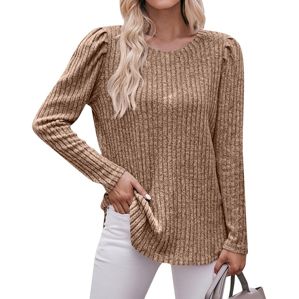 Women's Winter Tops Long Sleeve T-Shirt Round Neck Solid Color Fashion Button Tops
